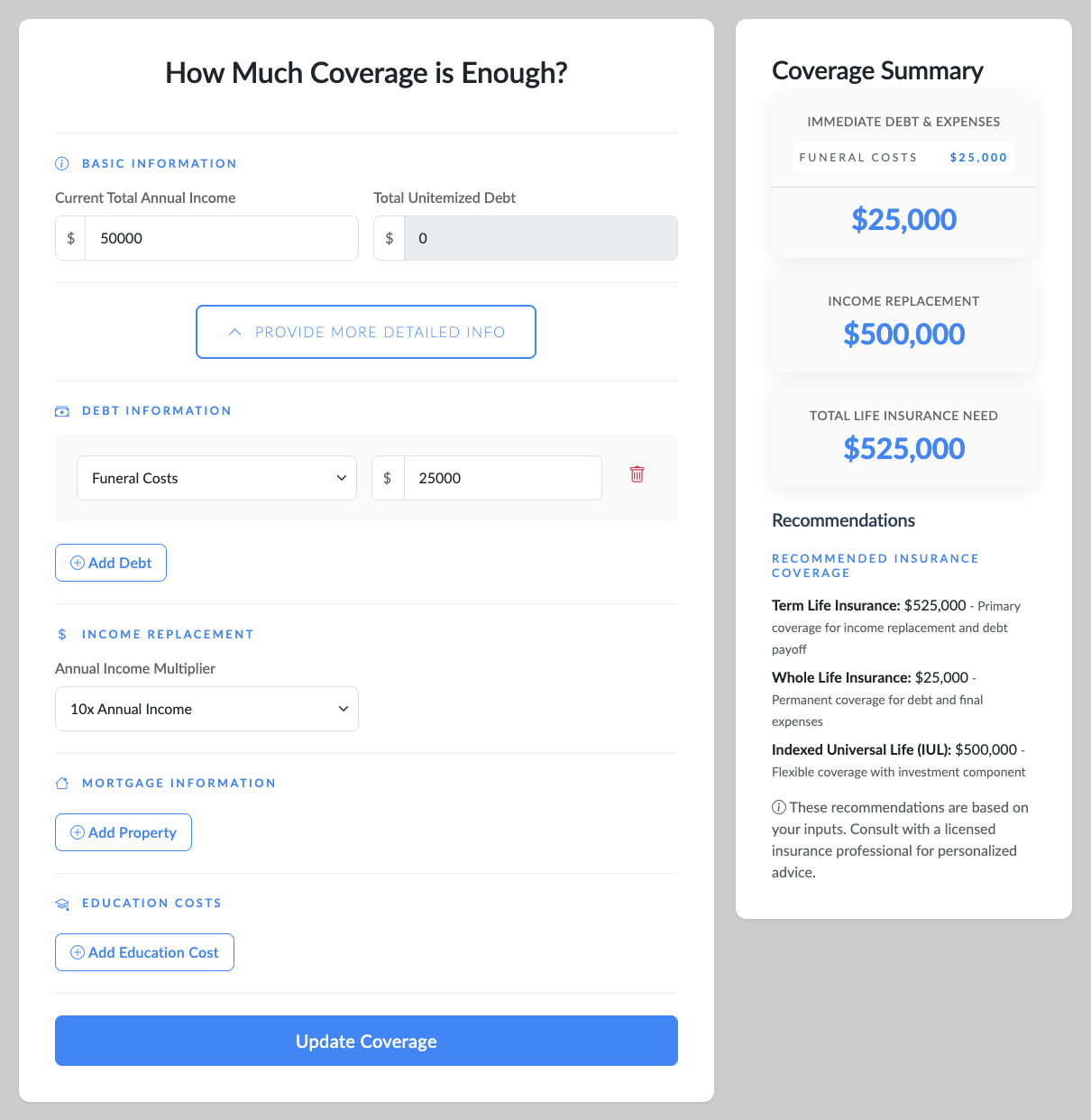 Insurance Calculator Dashboard